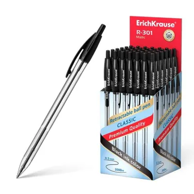 ErichKrause R-301 Matic Bolígrafo Retráctil 1.0mm Tinta de Secado Rápido Cuerpo Transparente Negro