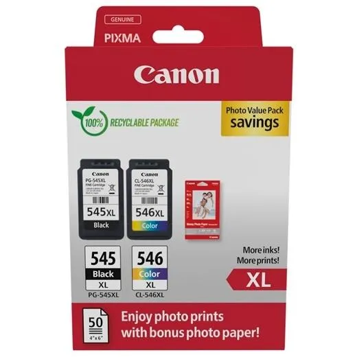 Canon Tinta Ecopack Bk+ C/M/Y + 50H Papel Fotográfico 10X15 Para Pixma Tr 4551/4650/4651 - Ts 3350/3351/3352/3355/3450/3451/3452 - Pg 545Xl + Cl 546Xl