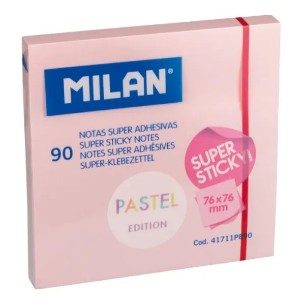 Milan Bloc de 90 Notas Super Adhesivas Removibles 76mm x 76mm Color Rosa Pastel