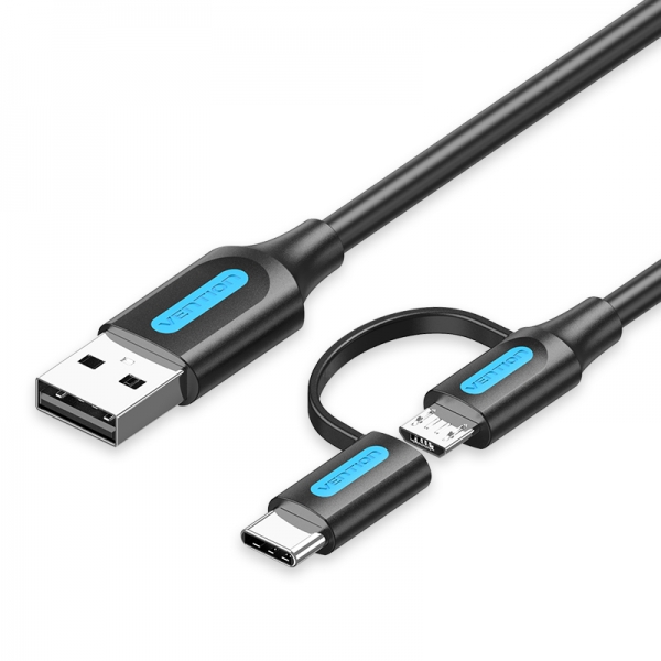 Vention Cable Usb 2.0 Macho A Microusb+Usb-C Macho - 0.5M - 3A 60W 480Mbps - Color Negro