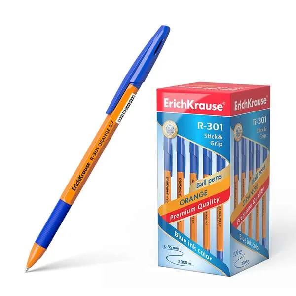 Erichkrause Boligrafo R-301 Stick&Grip - Cuerpo Hexagonal Naranja - Punta De 0.7Mm - Tinta De Secado Rapido - Color Azul