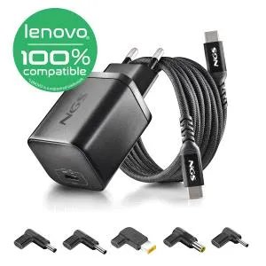 Ngs Bud65W-L Cargador Gan 65W Para Portatiles Lenovo - Usb C Power Delivery Y Pps - 5 Conectores Dc Incluidos - Cable Usb C 1.5 M 60W - Diseno Ultraportatil - Proteccion Contra Sobrecargas Y Sobrecalentamiento