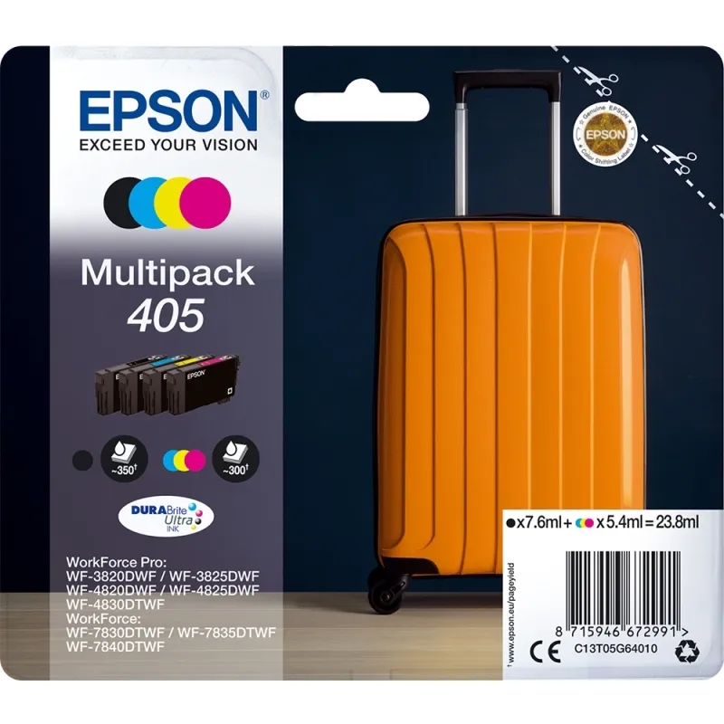 Epson Tinta Multipack BK/C/M/Y Nº 405 para Workforce Pro WF-3820DWF, WF-3825DWF, WF-4820DWF, WF-4825DWF, WF-4830DWF, WF-7830DTWF, WF-7835DTWF, WF-7840DTWF
