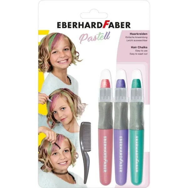 Eberhard Faber Pack De 3 Tizas Pastel Para El Cabello + 1 Mini Peine - Aplicar Sobre El Cabello Seco - Utilice El Peine Para Dispensar El Color - Facil De Lavar - Colores Rosa, Violeta, Turquesa Pastel