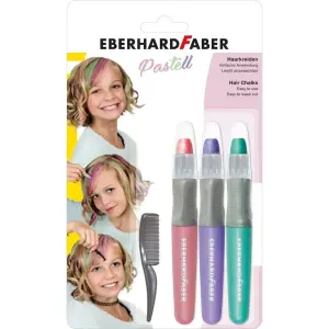 Eberhard Faber Pack de 3 Tizas Pastel para Cabello y 1 Mini Peine - Colores Rosa, Violeta, Turquesa