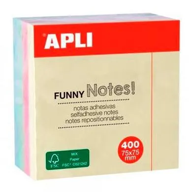 APLI CUBO DE NOTAS ADHESIVAS FUNNY 75X75MM CUBO DE 400H COLORES SURTIDOS PASTEL