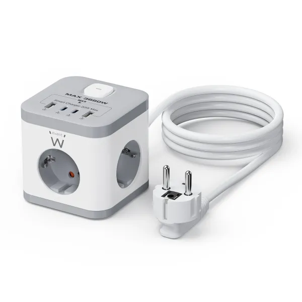 Ewent Regleta Con 6 Tomas De Sobremesa - 3X Schuko 16A - 2X Usb-A - 2X Usb-C - Proteccion Infantil - Interruptor On/Off - Forma De Cubo - Cable De 1.5M - Color Blanco/Gris