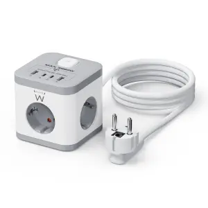 Ewent Regleta con 6 Tomas de Sobremesa - 3x Schuko 16A - 2x USB-A - 2x USB-C - Proteccion Infantil - Interruptor On/Off - Forma de Cubo - Cable de 1.5m - Color Blanco/Gris