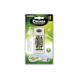 Cegasa Pack Recargable con Cargador Compacto y 2 Pilas AA HR6 2000mAh