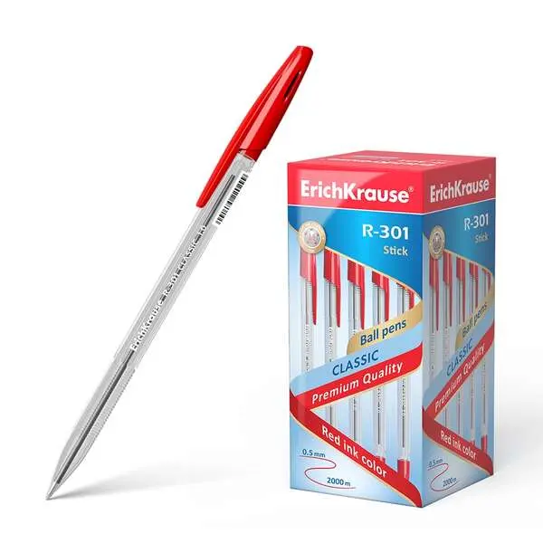 Erichkrause R-301 Boligrafo De Bola Punta 1.0Mm - Trazo 0.5Mm - Tinta De Secado Rapido - Cuerpo Transparente - Capuchon Ventilado - Color Rojo