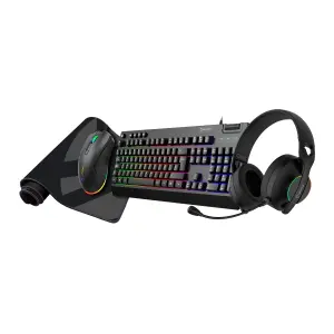 Unykach Pack Gaming NOVA 4in1 USB Teclado Multimedia + Raton 7200dpi + Auriculares con Microfono + Alfombrilla XL - Teclado Portugués - Color Negro