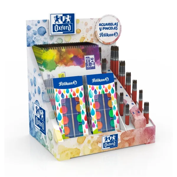 Oxford Expositor Con 10 Blocs De Acuarela A4 - Expositor Con 10 Estuches De Acuarela F355 - Pinceles De Diferentes Formatos - Colores Surtidos