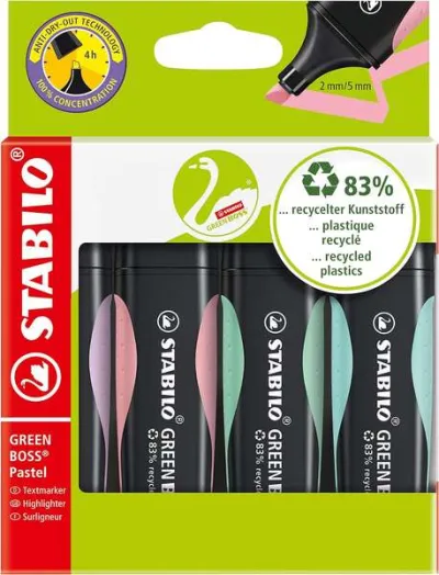 Stabilo Green Boss Pastel Pack de 4 Marcadores Fluorescentes Reciclados 83% 2-5mm