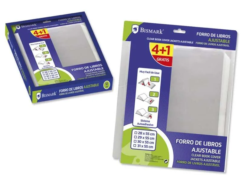 Bismark Pack De 5 Forros Para Libros 310Mm De Polipropileno - Solapa Ajustable - Facil Forrado En 3 Pasos - Sin Necesidad De Cortar Ni Usar Cinta Adhesiva - Transparente