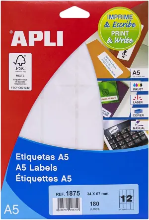 Apli Etiquetas Adhesivas 34X67mm Manual/Impresión C/Romos 12X15H A5 Blancas