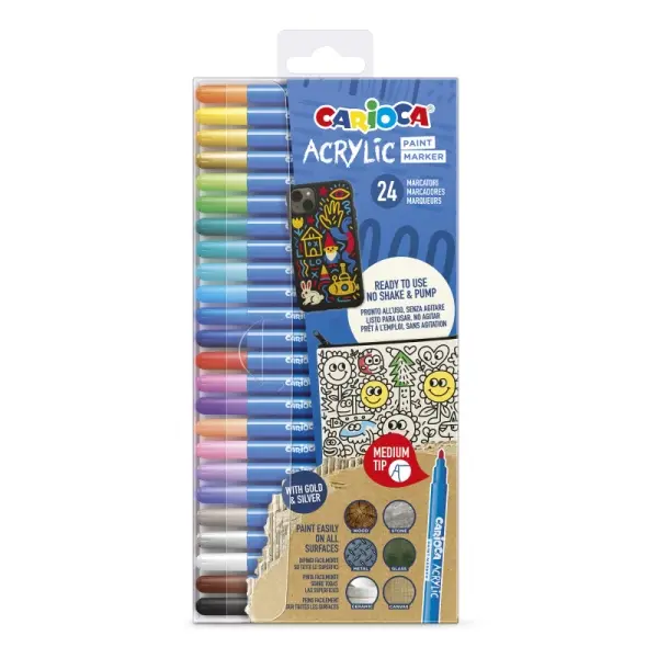 Carioca Acrylic Pack De 24 Marcadores De Pintura Acrilica - Punta Media - Tinta A Base De Agua - Alta Cobertura - Colores Surtidos