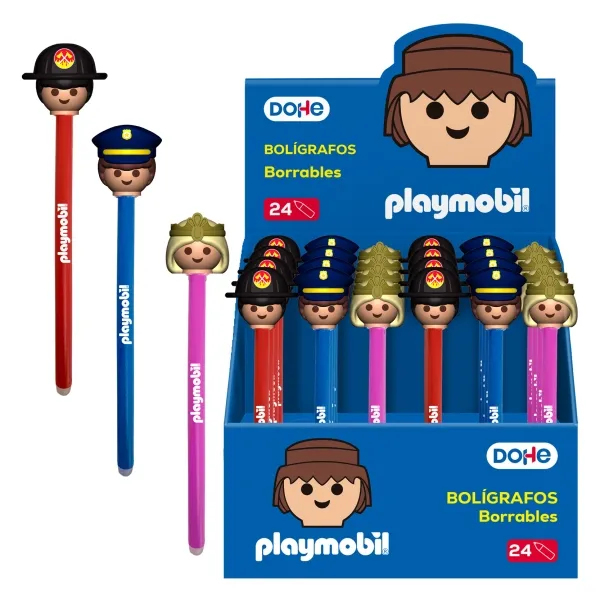Dohe Expositor Playmobil de 24 Bolígrafos Borrables - Punta 1mm, Trazo 0.5mm, Tinta Azul