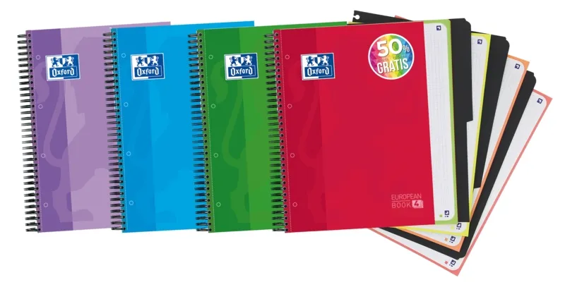 Oxford School Classic Europeanbook 4 Cuaderno Doble Espiral A4+ Cuadricula 5X5 - 120 Hojas Microperforadas 4 Taladros - Tapa Extradura Resistente - Incluye 3 Separadores - Colores Surtidos