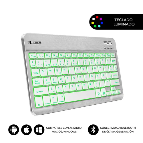 Subblim Teclado Smart Backlit Bluetooth - Iluminación Ajustable 7 Colores - Diseño Delgado 6mm - Membrana de Alta Precisión - Color Gris
