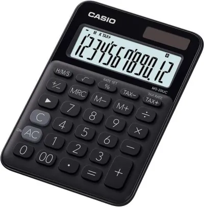Casio MS-20UC Calculadora de Sobremesa Pequeña con Pantalla LCD de 12 Dígitos, Solar y Pilas, Color Negro