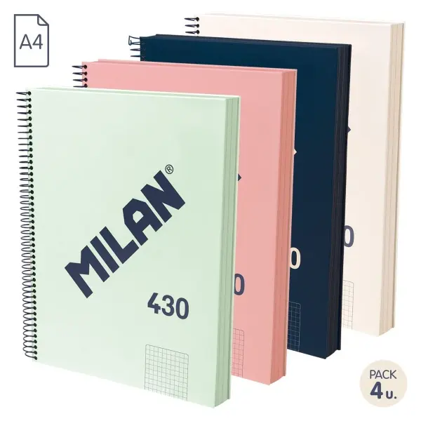 Milan Pack de 4 Cuadernos Espiral A4 Cuadricula 5x5mm - 120 Hojas 95 gr/m2 - Colores Surtidos