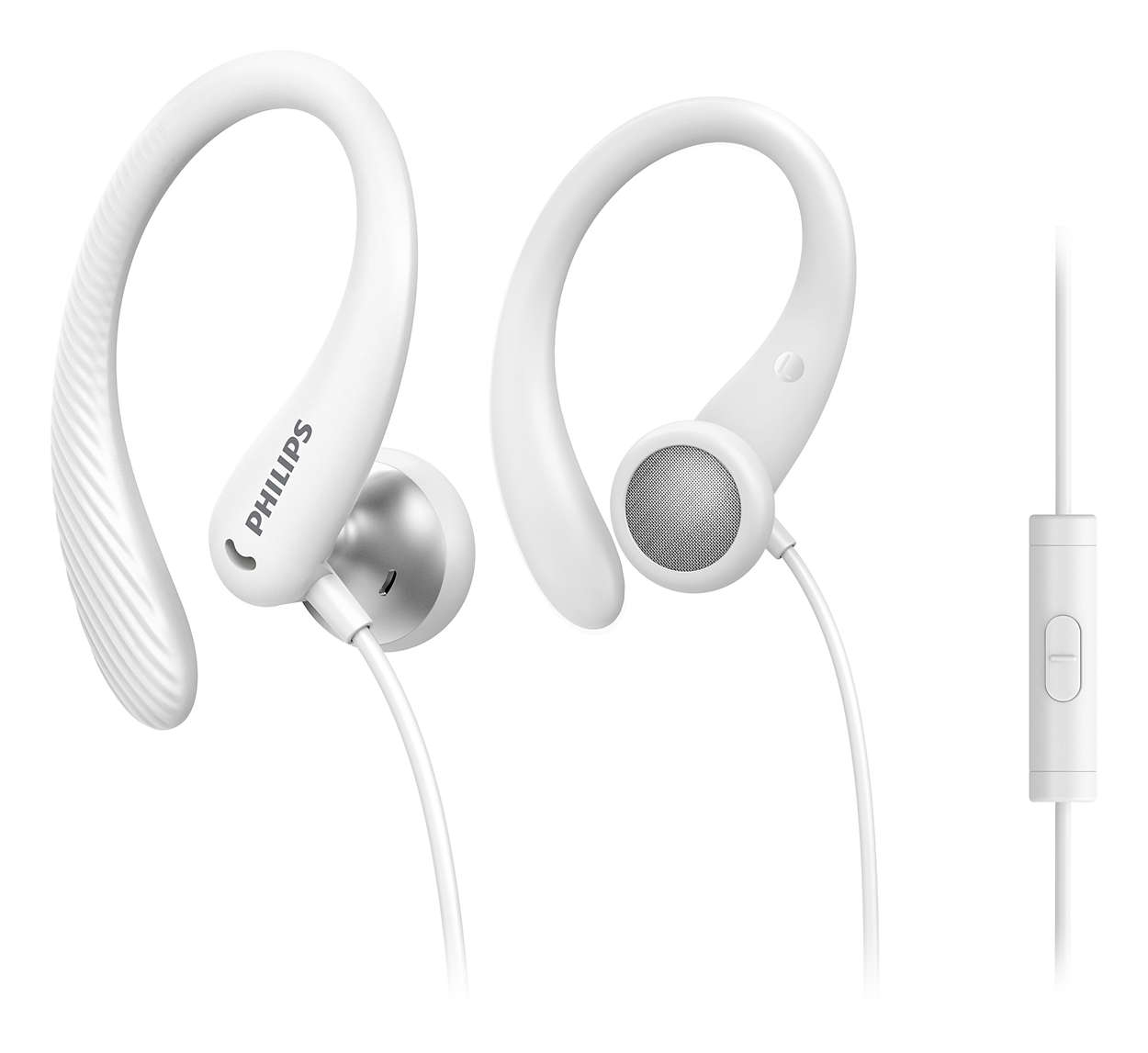 Philips Auriculares Intraurales Deportivos - Cable De 1.2M - Jack 3.5Mm - Ipx2 - Microfono Integrado - Gancho De Oreja - Altavoz 15Mm - Boton Multifuncion - Color Blanco