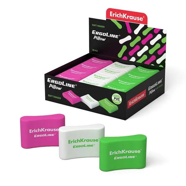 Erichkrause Ergoline Pillow Goma De Borrar Ergonomica - Fabricada De Caucho Termoplastico Hipoalergenico - Sin Pvc - Colores Rosa, Blanco Y Verde