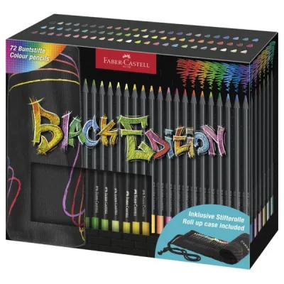 Faber-Castell Black Edition Pack Enrollable De 72 Lapices De Colores - Mina Supersuave - Madera Negra - Ideales Para Dibujo Sobre Papel Claro, Oscuro Y De Colores - Colores Surtidos