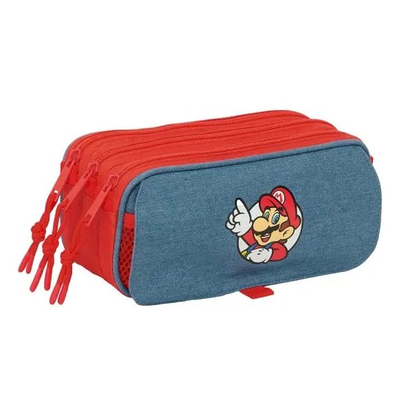 Safta Portatodo Super Mario 3 Compartimentos con Cremallera 21.5x10x8cm Rojo y Azul