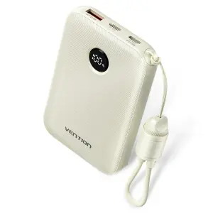 Vention Powerbank de 10000mAh - Potencia de Salida hasta 22.5W - USB-A - USB-C - Pantalla LED - Cable USB-C de 17cm - Apto para Viajes Aereos - Color Beige