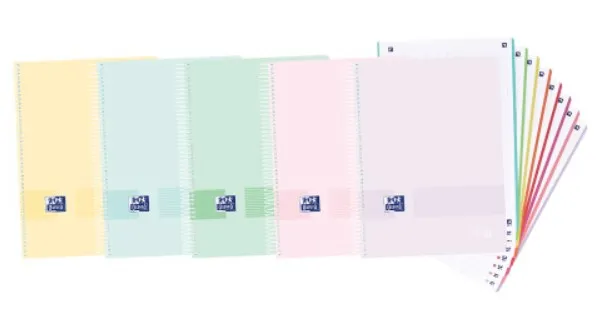 Oxford Europeanbook 8 Live & Go Cuaderno Espiral Formato A4+ Cuadriculado 5x5mm - 160 Hojas Microperforadas con 4 Taladros - Tapa de Plastico - 8 Bandas de Color - Colores Pastel Surtidos