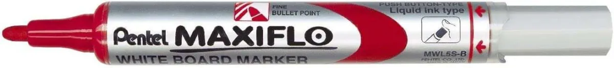 Pentel Maxiflo Rotulador para Pizarra Blanca, Punta de Bala 2mm, Color Rojo, 50% Reciclado