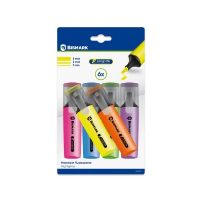 Bismark Long-Life Pack De 6 Marcadores Fluorescentes Neon - Tinta De Secado Rapido - Punta Biselada - Ideal Para Subrayar Y Resaltar - Diseño Ergonomico - Alta Durabilidad