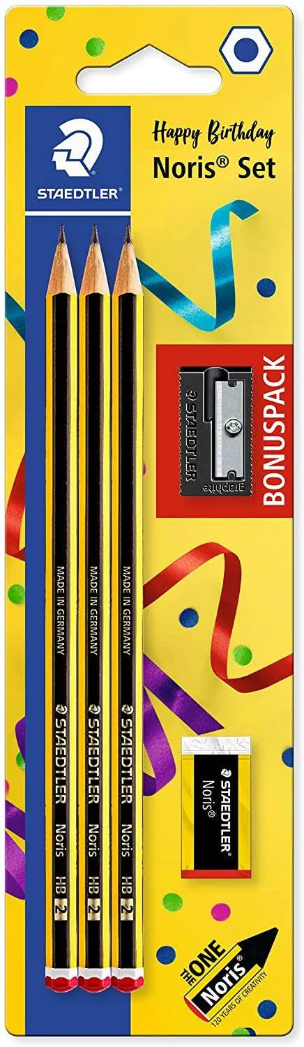 Staedtler Noris 120 Pack de 3 Lápices de Grafito Hexagonales HB 2mm con Goma y Sacapuntas