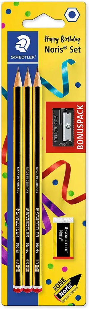 Staedtler Noris 120 Pack de 3 Lápices de Grafito Hexagonales HB 2mm con Goma y Sacapuntas