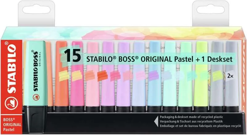 Stabilo Boss 70 Pack De Escritorio De 15 Marcadores Fluorescente - Practica Base Para Escritorio - Trazo Entre 2 Y 5Mm - Recargable - Tinta Con Base De Agua - Colores Pastel Surtidos
