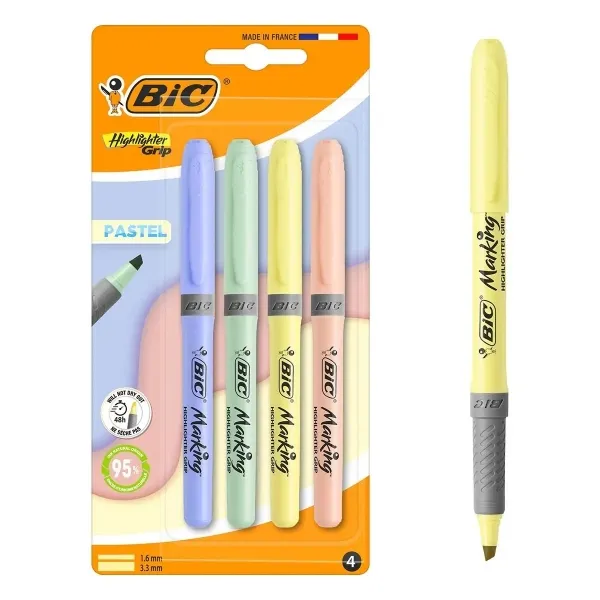 Bic Highlighter Grip Pack Con 4 Marcadores Fluorescentes Pastel - Punta Biselada - Trazo Entre 1.60 Y 3.30 Mm - Grip Texturizado - Colores Surtidos