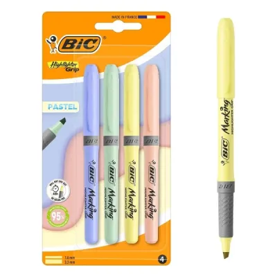 Bic Highlighter Grip Pack de 4 Marcadores Fluorescentes Pastel - Punta Biselada - Trazo 1.60-3.30 mm