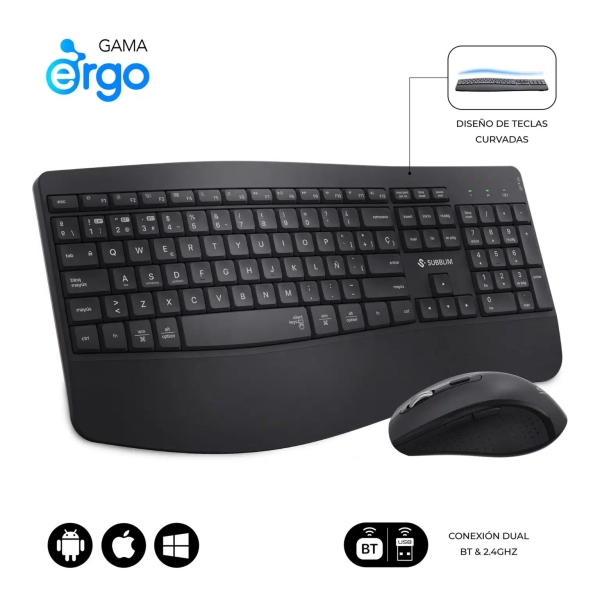 Subblim Dual Office Prowave Black Pack De Teclado Ergonomico + Raton 3200Dpi Inalambricos Bluetooth 5.3 Y Receptor Usb - Bateria Recargable - Color Negro