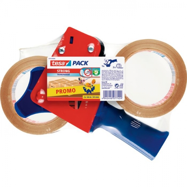 Tesa Pack De Precintadora + 2 Rollos De Precinto Transparente 50Mm X 66 Metros