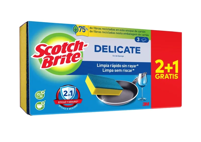 Scotch-Brite Delicate Pack De 3 Estropajos De Cocina - Promocion 2 + 1 Gratis - No Raya - Color Amarillo