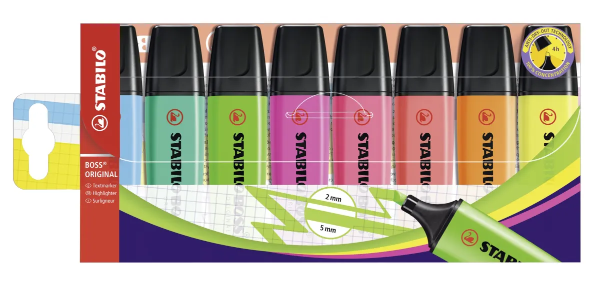Stabilo Boss 70 Pack de 8 Marcadores Fluorescentes Recargables Tinta a Base de Agua