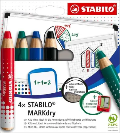 Stabilo MARKdry Pack de 4 Marcadores para Pizarra con Sacapuntas y Paño de Limpieza - Mina XXL 10mm - Colores Azul, Verde, Rojo y Negro
