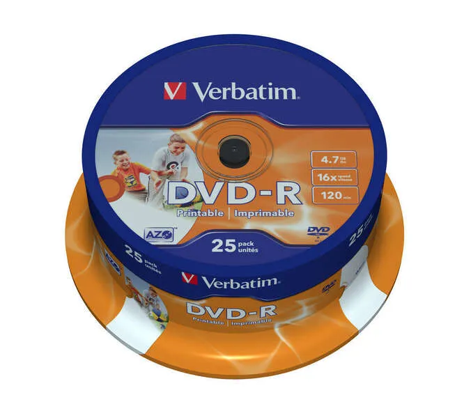 Verbatim DVD-R 4.7GB 16X 25 Pack Spindle Wide Inkjet Printable