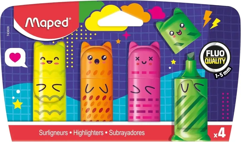 Maped Kawaii Pack de 4 Mini Marcadores Fluorescentes Neon - Trazo de 1 a 5mm