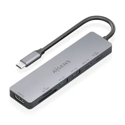 Aisens USB-C Dock 7 en 1 con 1xHDMI, 2xUSB-A, 1xUSB-C, 1xUSB-C PD 100W, 1xSD, 1xMicroSD - Gris