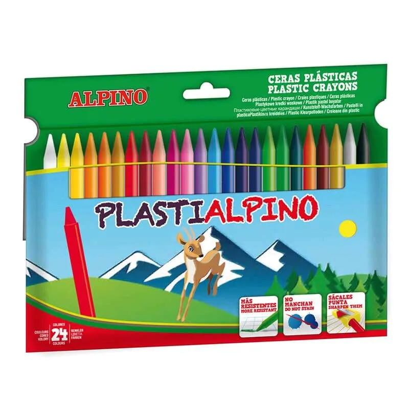 Alpino Ceras Plásticas Plastialpino 115mm Estuche de 24 Surtidos No Manchan