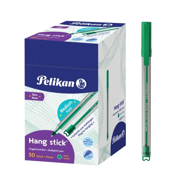 Pelikan Hang Stick Boligrafo De Bola - Trazo De 1Mm - Capuchon Antiasfixia - Cuerpo Triangular Ergonomico - Gancho - Tinta A Base De Aceite - Color Verde