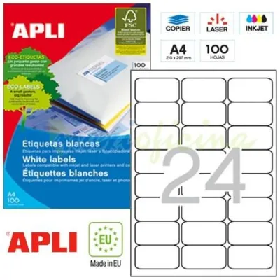Apli Etiquetas Adhesivas 64X33,9mm Inkjet/Láser con Romos 24 x 100H Blancas