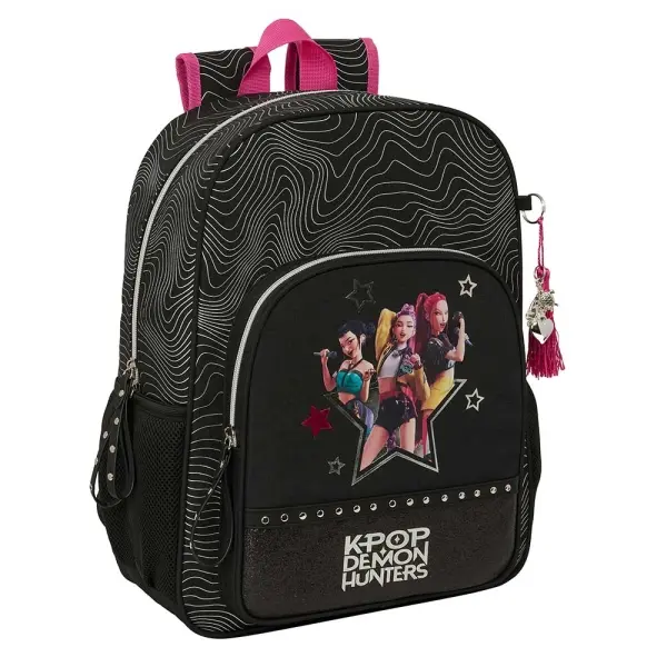Safta Mochila K-Pop Demon Hunters Adaptable a Carro con Bolsillo Frontal y Asa de Mano - 33x42x14cm - Negro y Rosa